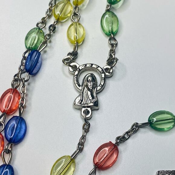 INRI ITALY Vintage Rosary Multi Color Beads Silvertone Necklace Prayer - Picture 4 of 9